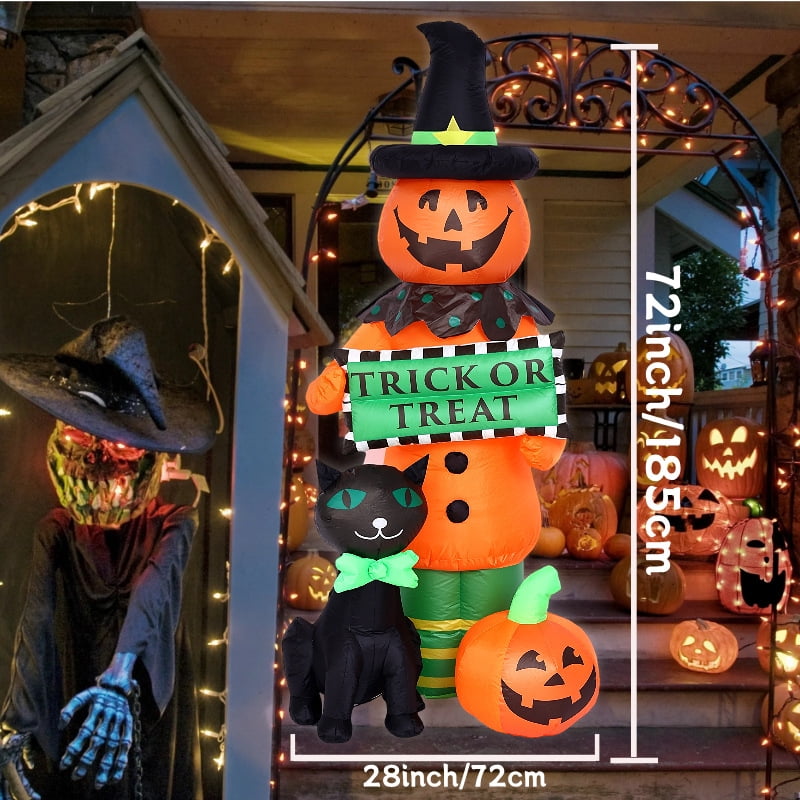 6FT Halloween Inflatables Black Cat Pumpkin Outdoor Decorations,Inflatable Trick or Treat Pumpkins with Build-in LEDs Lights, Air Blow Up Yard Decorations for Indoor Outdoor Garden Lawn Party