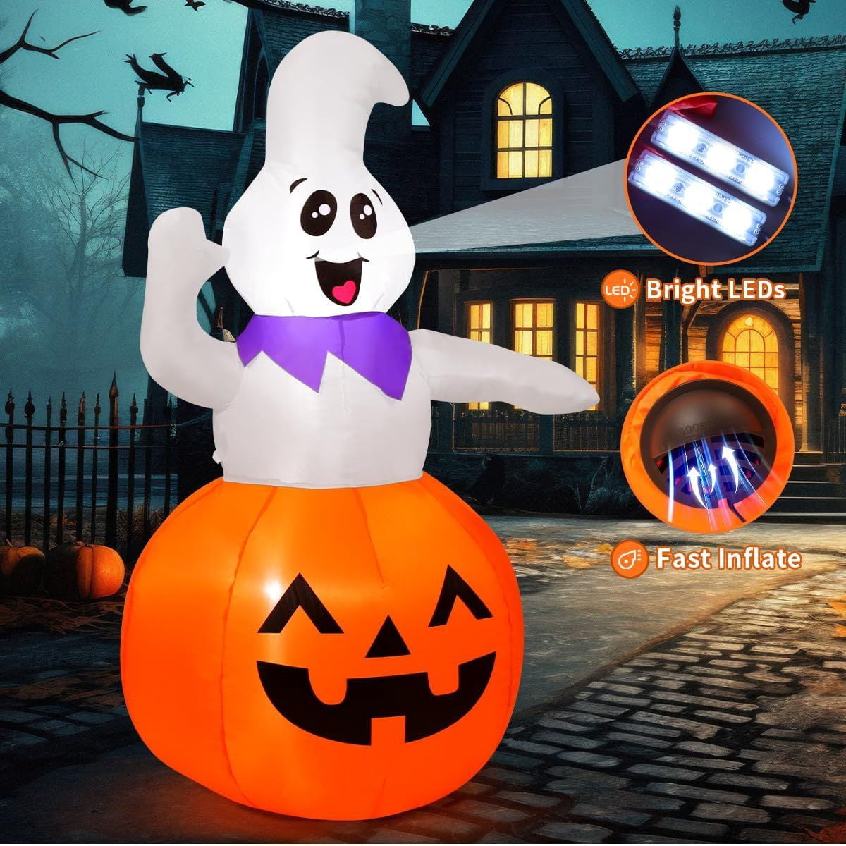 Inflatable Pumpkin Ghost Decoration with LED Lights for Halloween Outdoor Yard
