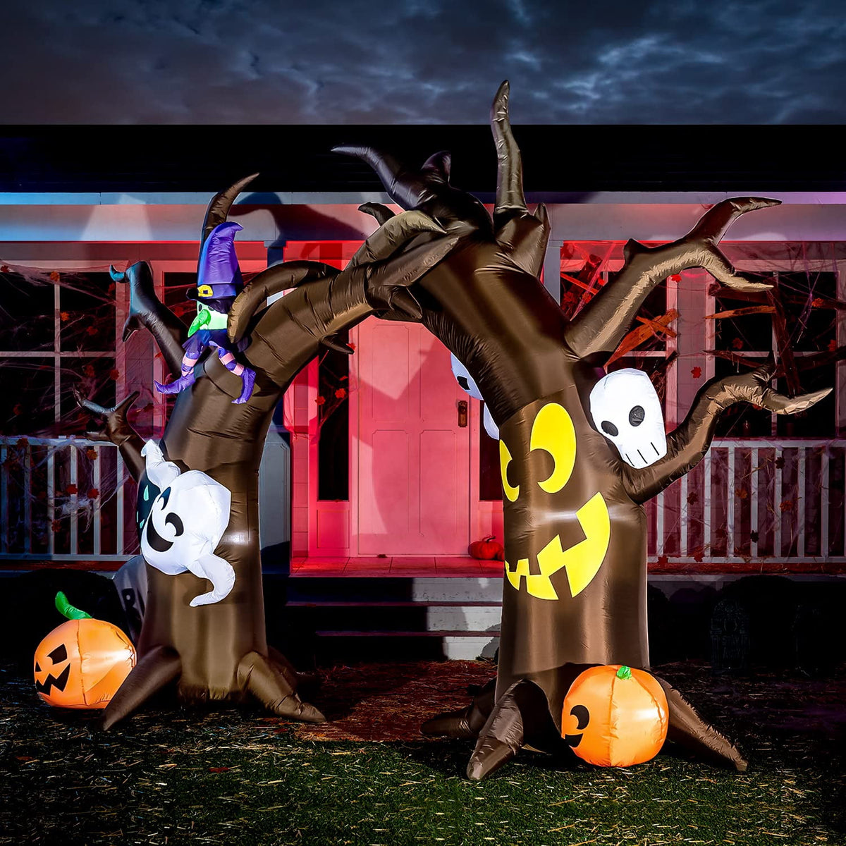 Joiedomi Halloween Inflatable 10 FT Tall Tree Archway with Skulls and Characters, Inflatable Pumpkin and Ghost with Build-in LEDs Blow Up Inflatables for Halloween Party Outdoor Yard Lawn Garden Decor