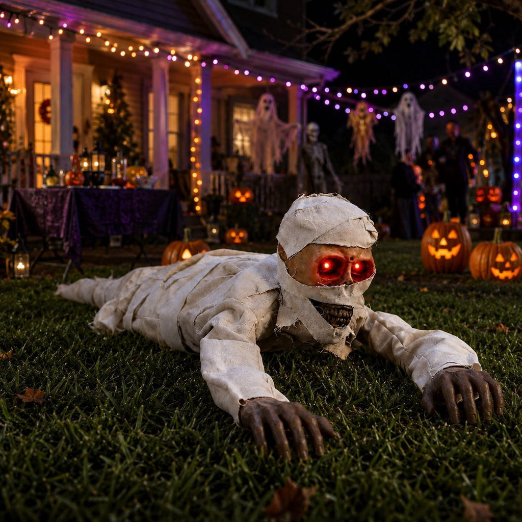 Halloween Crawling Mummy Animatronic Decoration, Sound-Activated with Red Glowing Eyes & Scary Sounds