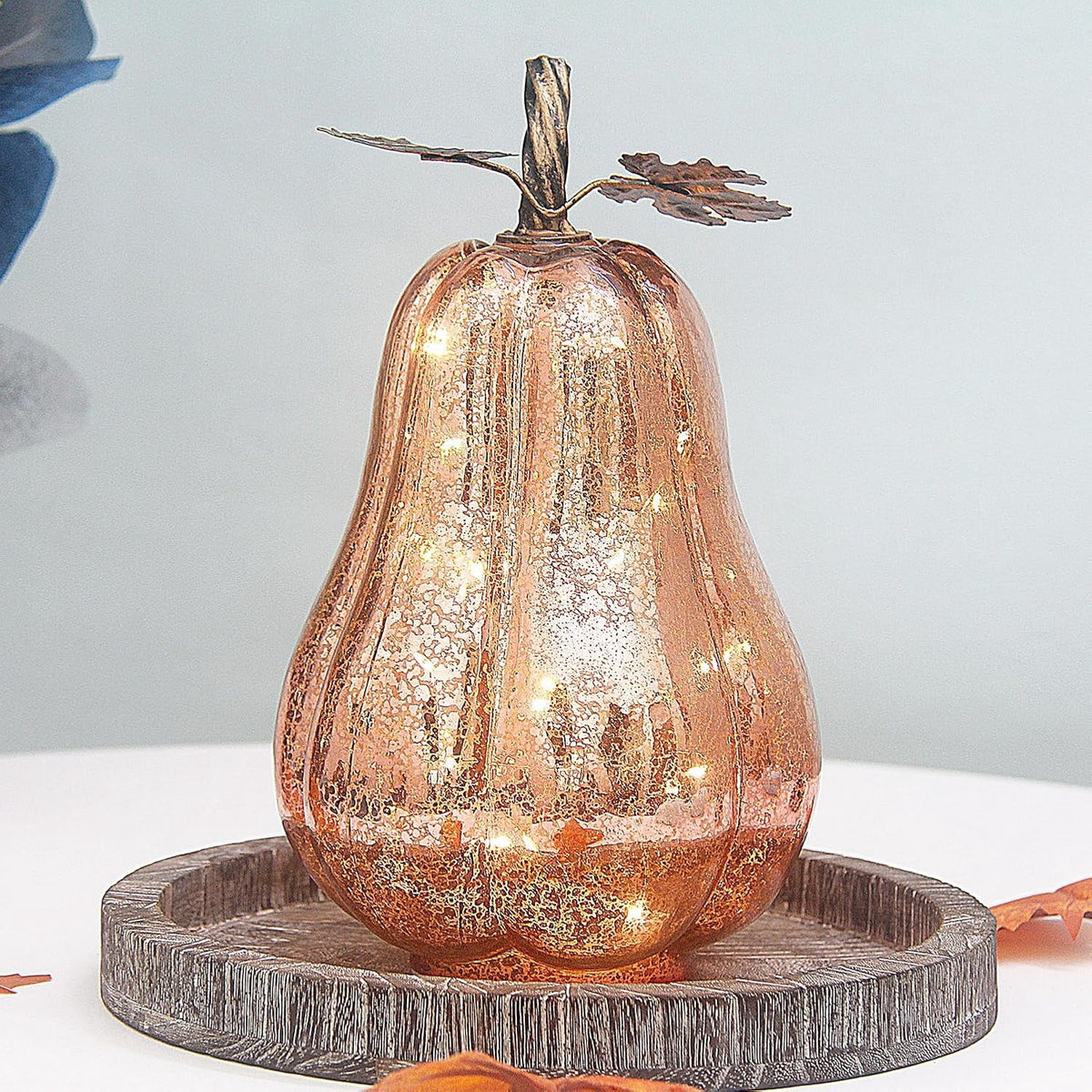 Mercury Glass Pumpkin Lights with Timer, Battery Operated Led Pumpkin Lights for Halloween Fall,Thanksgiving Rustic Decor (Rosegold Leafy, 11")