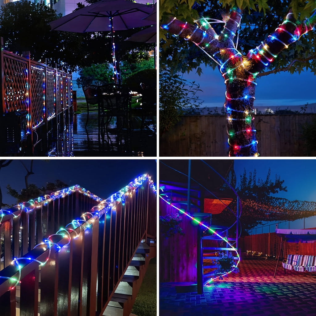 98FT 300 LED Solar Rope Lights, Multi‑Color 8 Lighting Modes, Solar Powered String Lights with 800mAh Battery & Removable Solar Panel, Outdoor Decor Light for Patio, Porch, Camping, Holiday Party