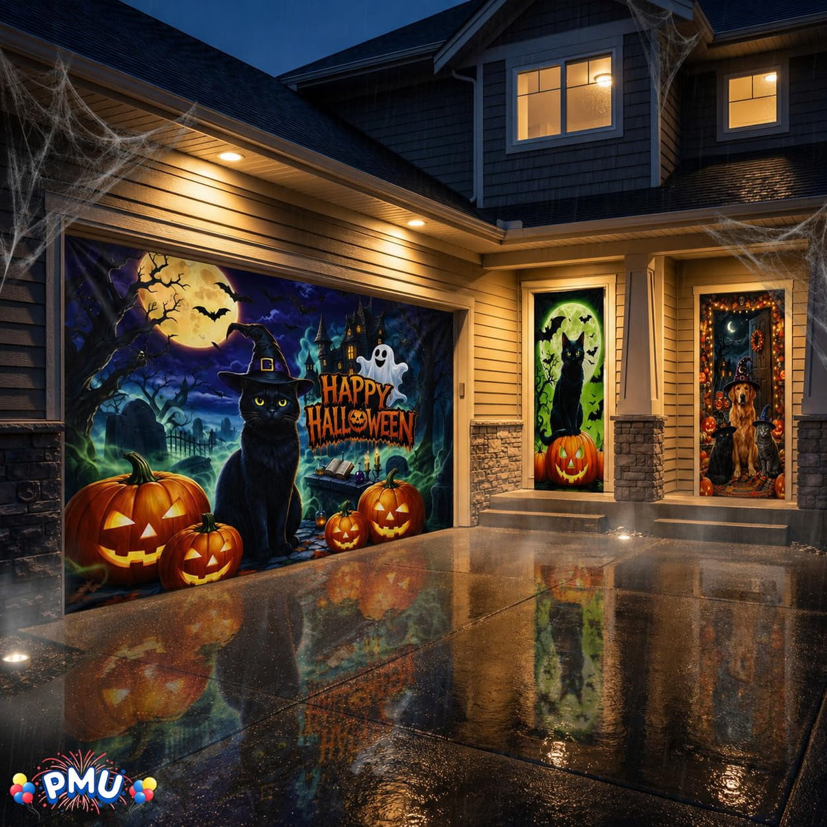 PMU 7-Piece Halloween Garage Door Cover Set, 16 x 7 ft, Skeleton Window & Door Decorations