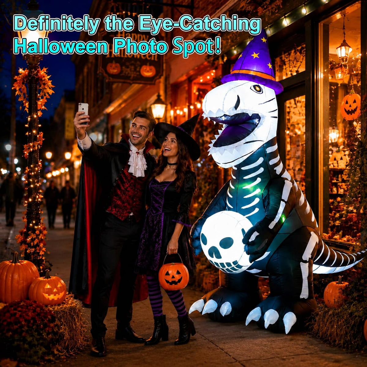 7.9 FT Halloween Inflatable Skeleton Dinosaur Outdoor Decoration, Giant Black and White Dino Yard Decor with LED Light for Lawn, Porch, Party, Haunted House Display