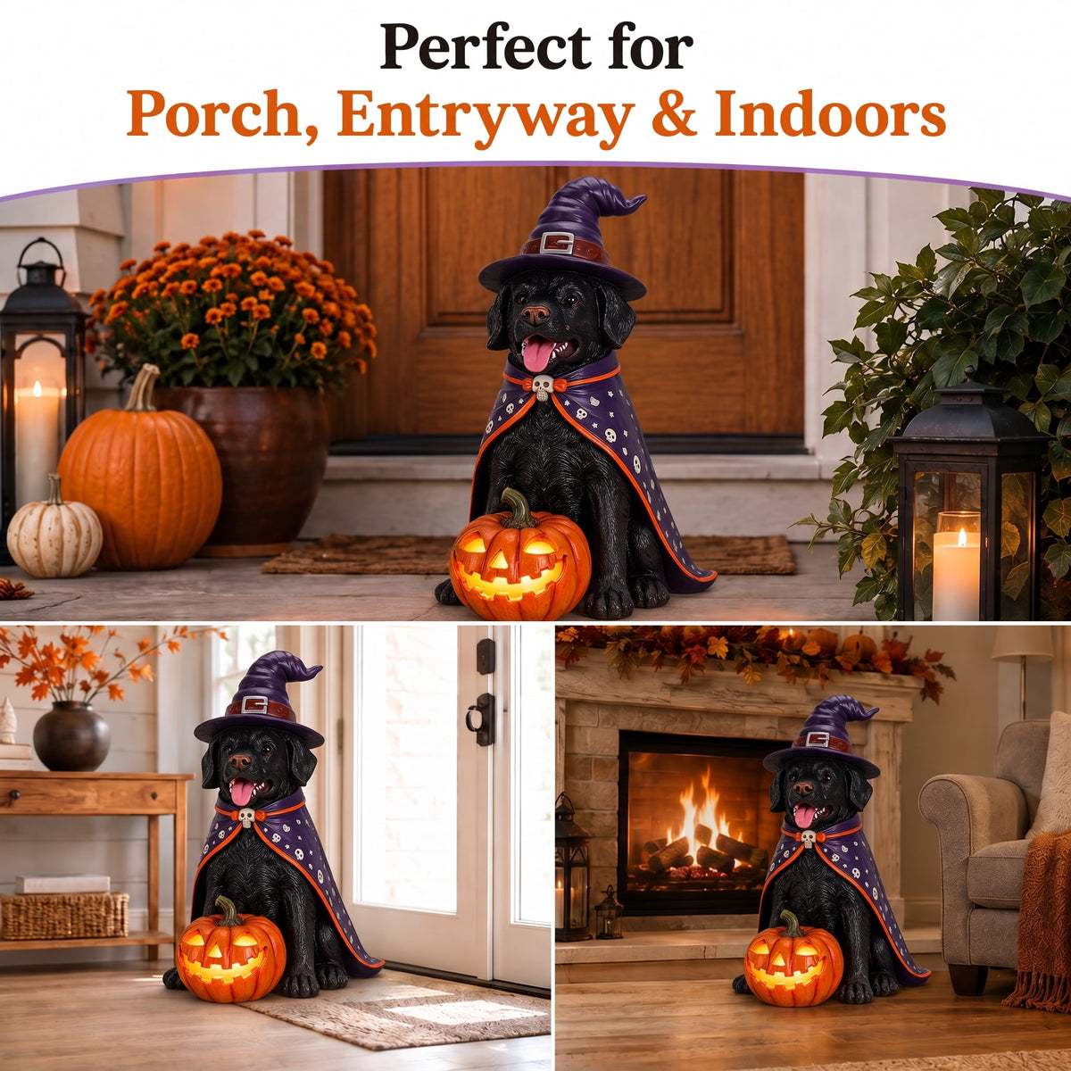 A7Store Halloween Golden Retrieve Dog Indoor Outdoor Porch Statue with Lighted Pumpkin, Pink Witch Hat and Cape