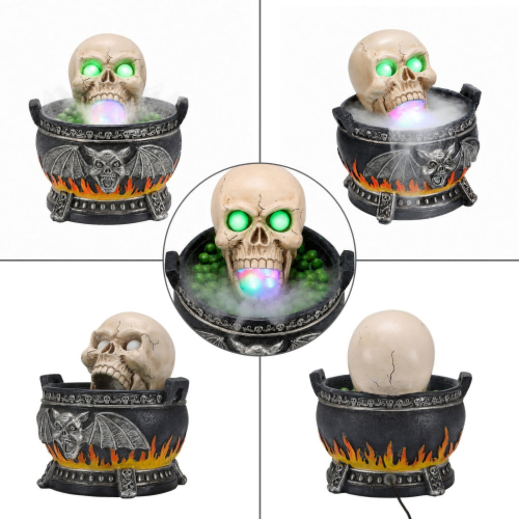 SpookHaven Halloween Jack‑O‑Lantern Pumpkin Mist Sprayer Figurine, LED Light‑Up Fogger with Witch Hat & Skull Decoration, Spooky Ornament for Tabletop Entryway Halloween Party Home Decor