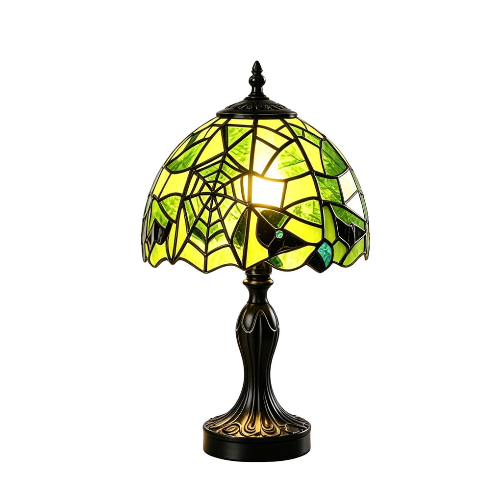 Vintage Style Glass Spiderweb Halloween Lamp, 8" Handmade Spiderweb Pattern Gothic Resin Desk Light, Halloween Decorations Indoor for Bedroom, Living Room, Office (Green)