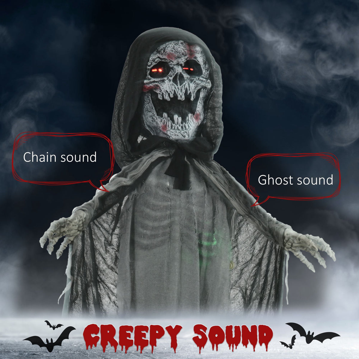 Halloween Decoration Animatronic Skeleton Witch, 74-Inch Motion Activated Outdoor Prop with Sound and Light, Grey Polyester