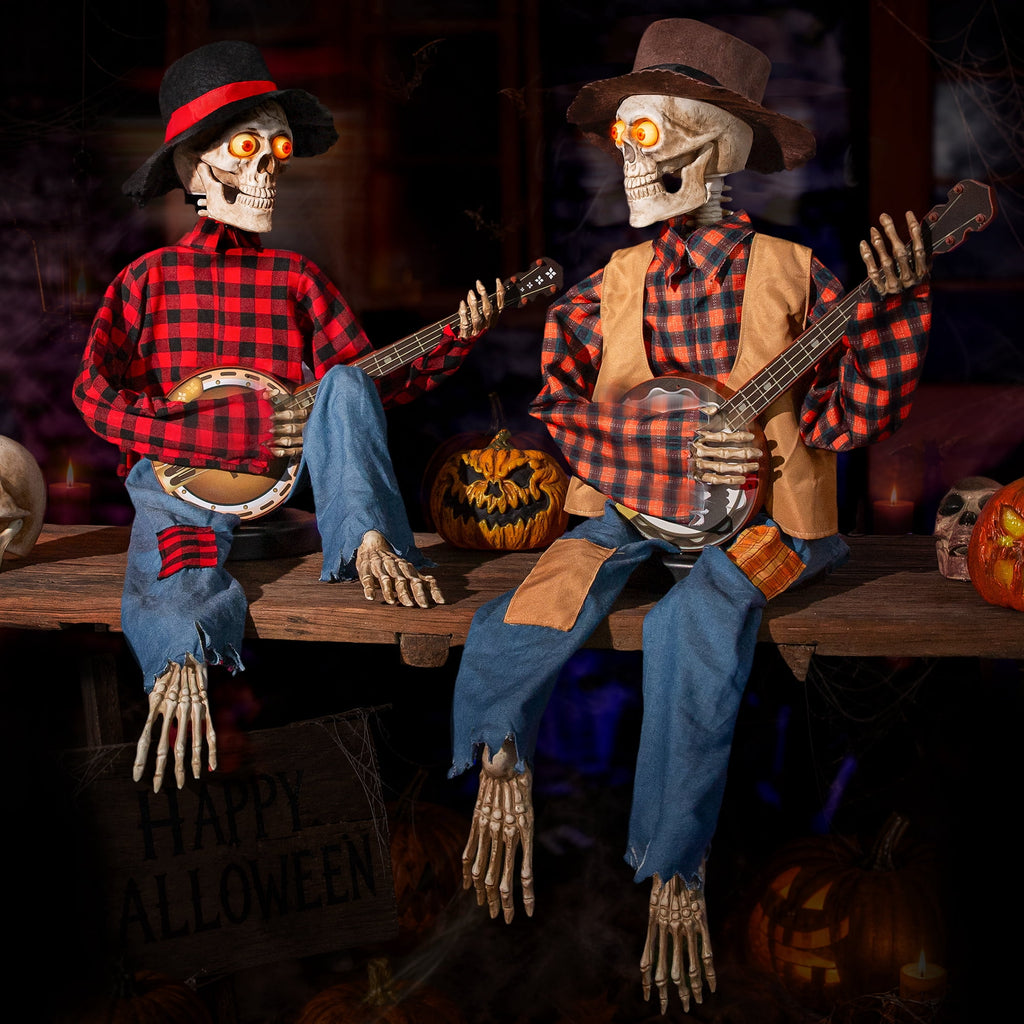 Halloween Animatronics Banjo Skeletons Duo Decorations, Animated Skull with Sound Activated Funny Voice Light Up Eyes, Playing Musical Plug-in Powered Halloween Prop Decor for Indoor Outdoor Yard Law