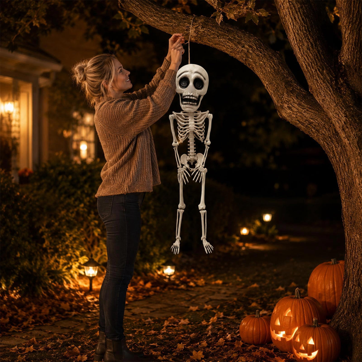 41.34 in Posable Halloween Skeleton Decoration, Plastic Hanging Skeleton with Articulated Joints and Rope for Yard, Tree, Porch, Haunted House & Indoor Decor, 1Pc