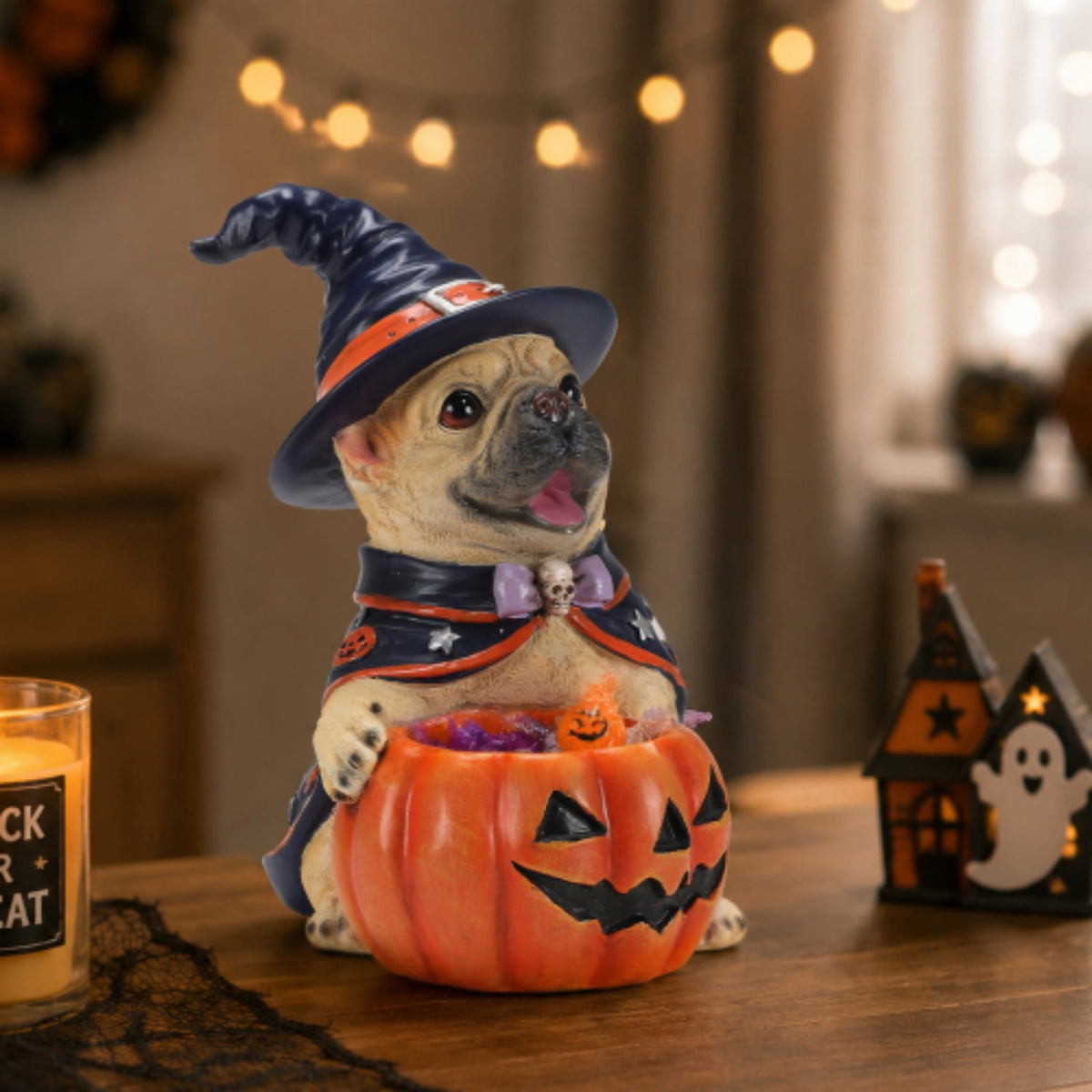 SpookHaven Halloween Jack‑O‑Lantern Pumpkin Mist Sprayer Figurine, LED Light‑Up Fogger with Witch Hat & Skull Decoration, Spooky Ornament for Tabletop Entryway Halloween Party Home Decor