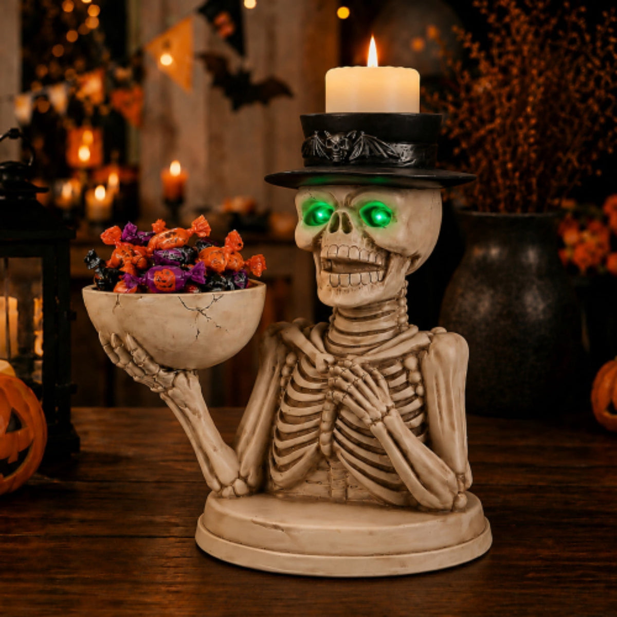 SpookHaven Halloween Jack‑O‑Lantern Pumpkin Mist Sprayer Figurine, LED Light‑Up Fogger with Witch Hat & Skull Decoration, Spooky Ornament for Tabletop Entryway Halloween Party Home Decor