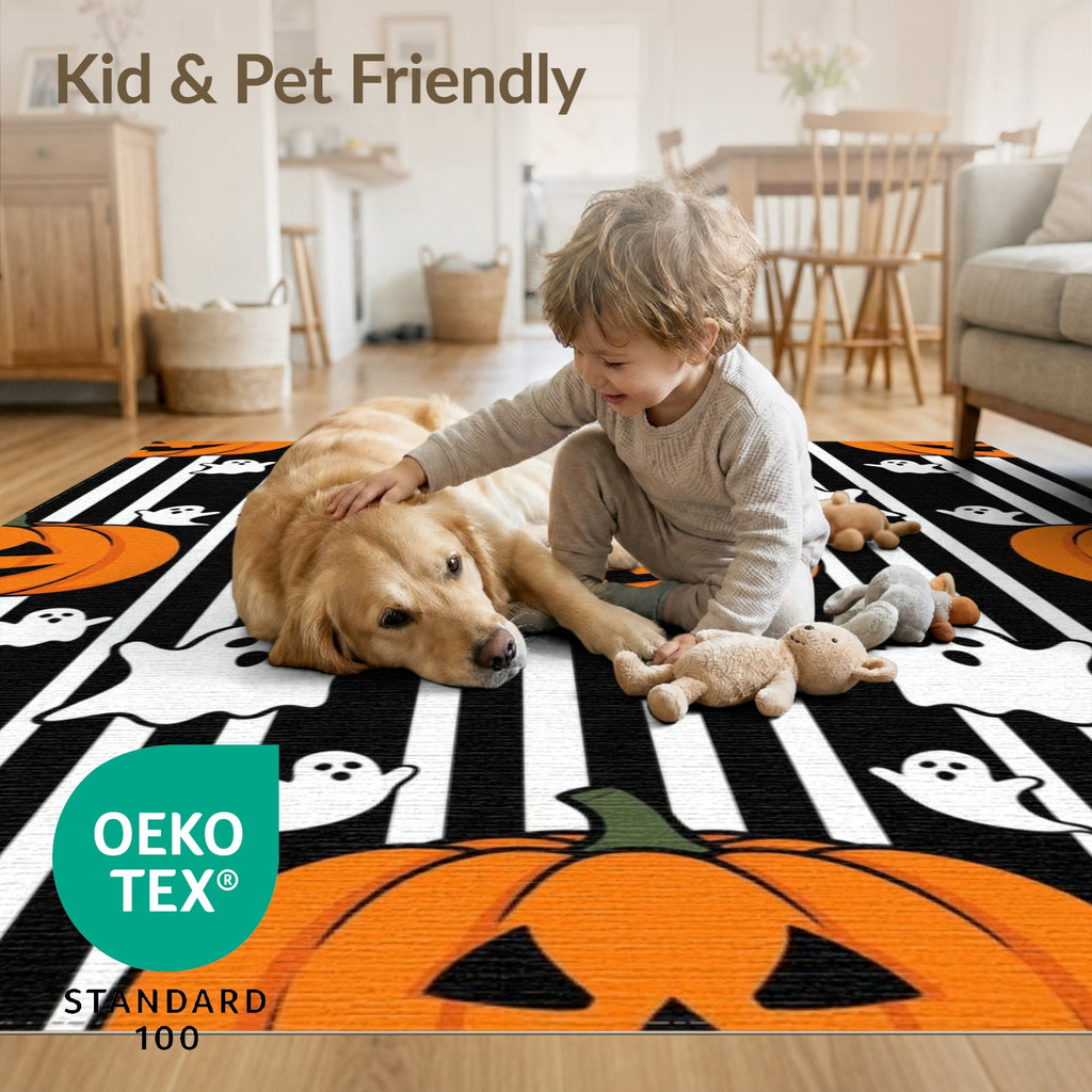 ODIKA Halloween Spooky Pumpkin Phantom Striped Entrance Door Doormat for Playroom, Bedroom, Reading Nook, Pet Friendly & Kids Safe Play
