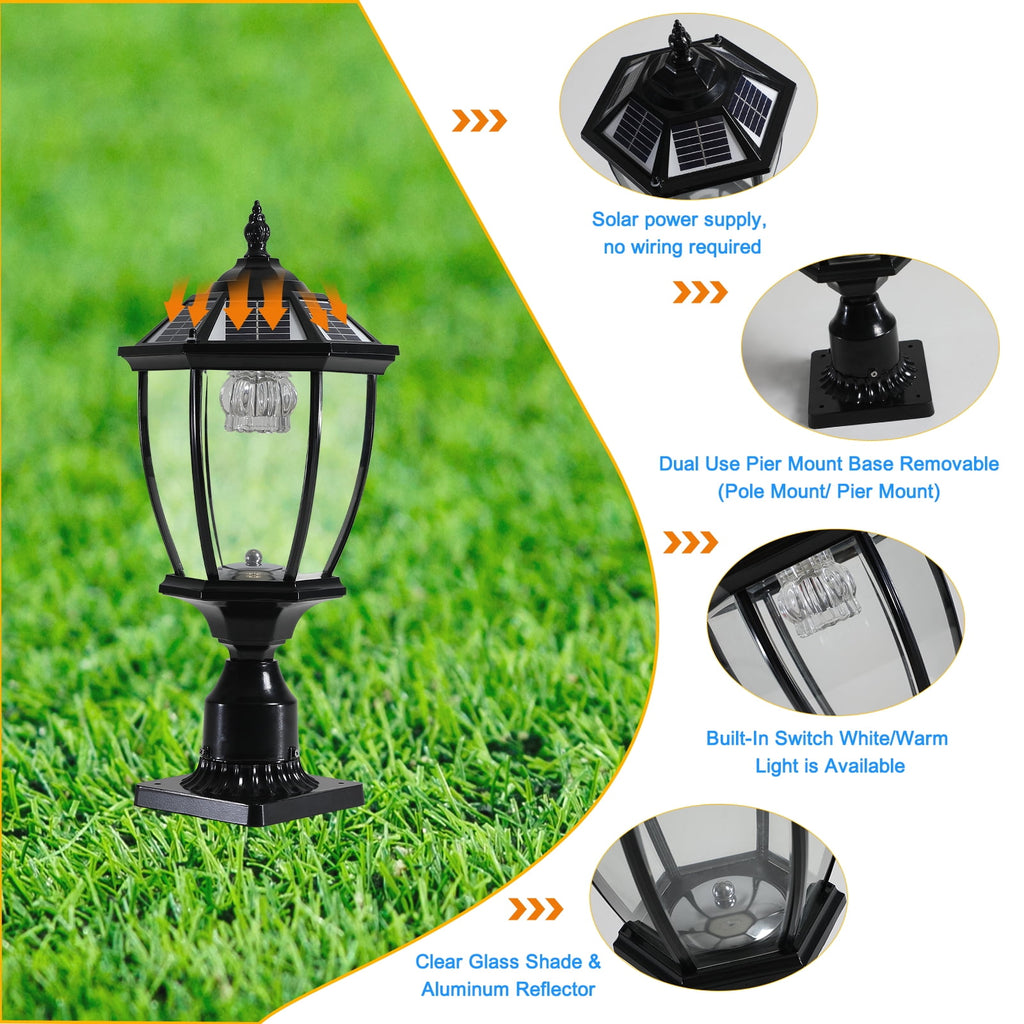 Solar Outdoor Lantern, Vintage Black Glass LED Light, 1-Pack, 20-Inch