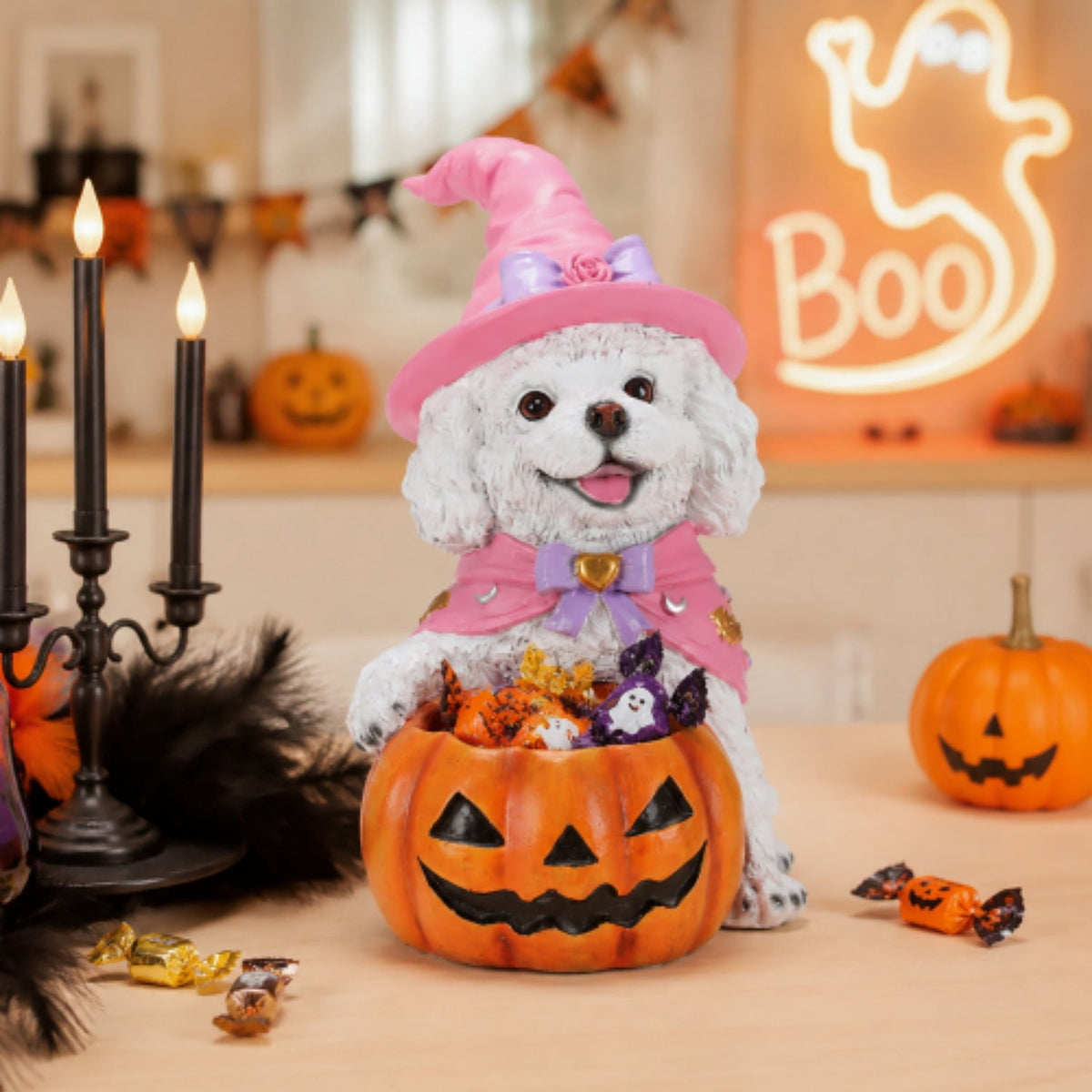 SpookHaven Halloween Jack‑O‑Lantern Pumpkin Mist Sprayer Figurine, LED Light‑Up Fogger with Witch Hat & Skull Decoration, Spooky Ornament for Tabletop Entryway Halloween Party Home Decor