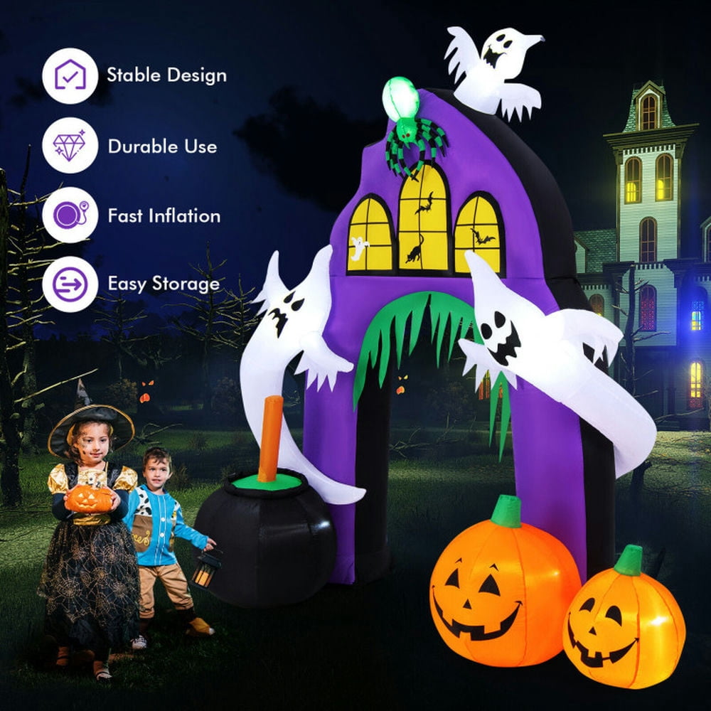 Spaco 9 Feet Tall Halloween Inflatable Castle Archway Decor with Spider Ghosts and Built-in LED Lights, Halloween Inflatable Castle Archway Decor, Perfect Decoration for Halloween, Purple