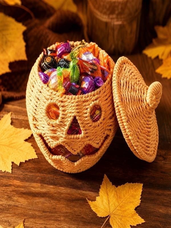 Lighted Halloween Table Centerpiece, Witch Hat Pumpkin Lamp, Black Woven Rattan Halloween Decor Indoor, Glowing Tabletop Decoration for Party Home