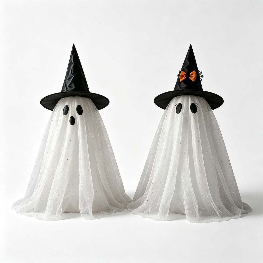 2 Pack Light Up Standing Tulle Ghost Halloween Decorations with Witch Hat, Warm LED Fairy Light Ghost Yard Stakes, Spooky Cute Ghost Outdoor Lawn Porch Mantel Home Halloween Party Decor