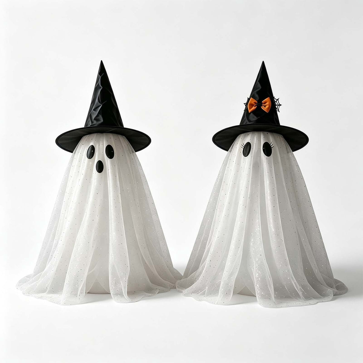 2 Pack Light Up Standing Tulle Ghost Halloween Decorations with Witch Hat, Warm LED Fairy Light Ghost Yard Stakes, Spooky Cute Ghost Outdoor Lawn Porch Mantel Home Halloween Party Decor