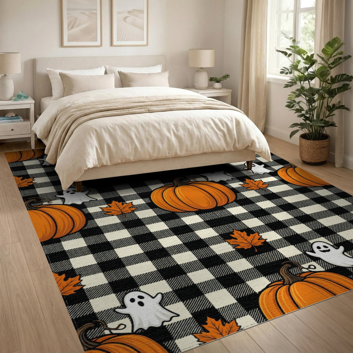 ODIKA Halloween Spooky Pumpkin Phantom Striped Entrance Door Doormat for Playroom, Bedroom, Reading Nook, Pet Friendly & Kids Safe Play