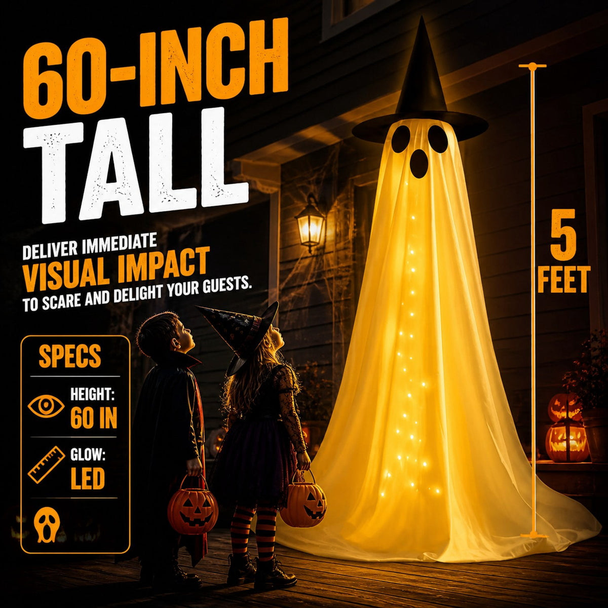 Remote Lighted Ghost Halloween Outdoor Decor 60 In, 2 Pack