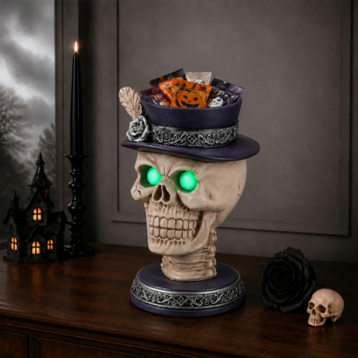Halloween Skeleton Butler Floor Statue with Serving Tray & Realistic Black Cat, 35.43 Inch Gothic Resin Standing Decor for Entryway, Porch, Living Room, Halloween Party Home Decoration