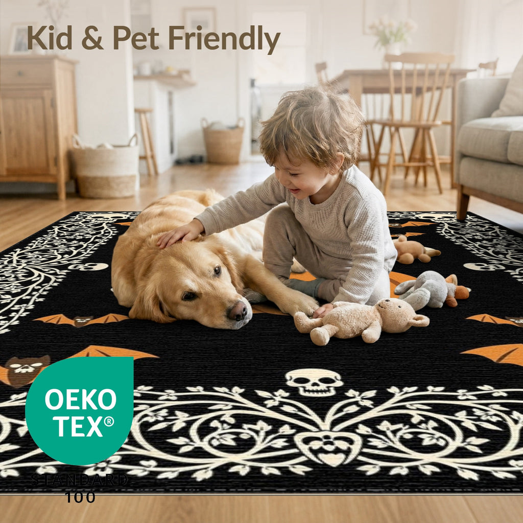 ODIKA Retro Halloween Welcome Featuring Ghosts Pumpkins Bats Skulls Non-Slip Flatwoven for Living Room, Under Sectional, Family