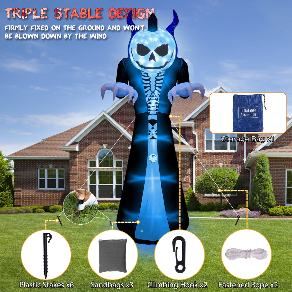 10FT Halloween Inflatable Outdoor Decoration 7 Color RGB Light, Scream Sound Grim Reaper Ghost Halloween Inflatables with Pumpkin Head, Blow Up Yard Decorations for Holiday Party Garden