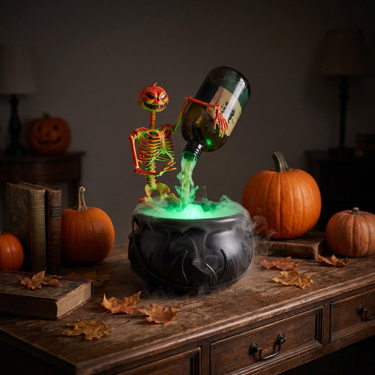 Halloween Witch Cauldron Fogger with LED Light, Floating Potion Bottle and Skeleton Figurine, USB Mist Maker Tabletop Party Prop for Indoor Home Decor and Haunted House Display