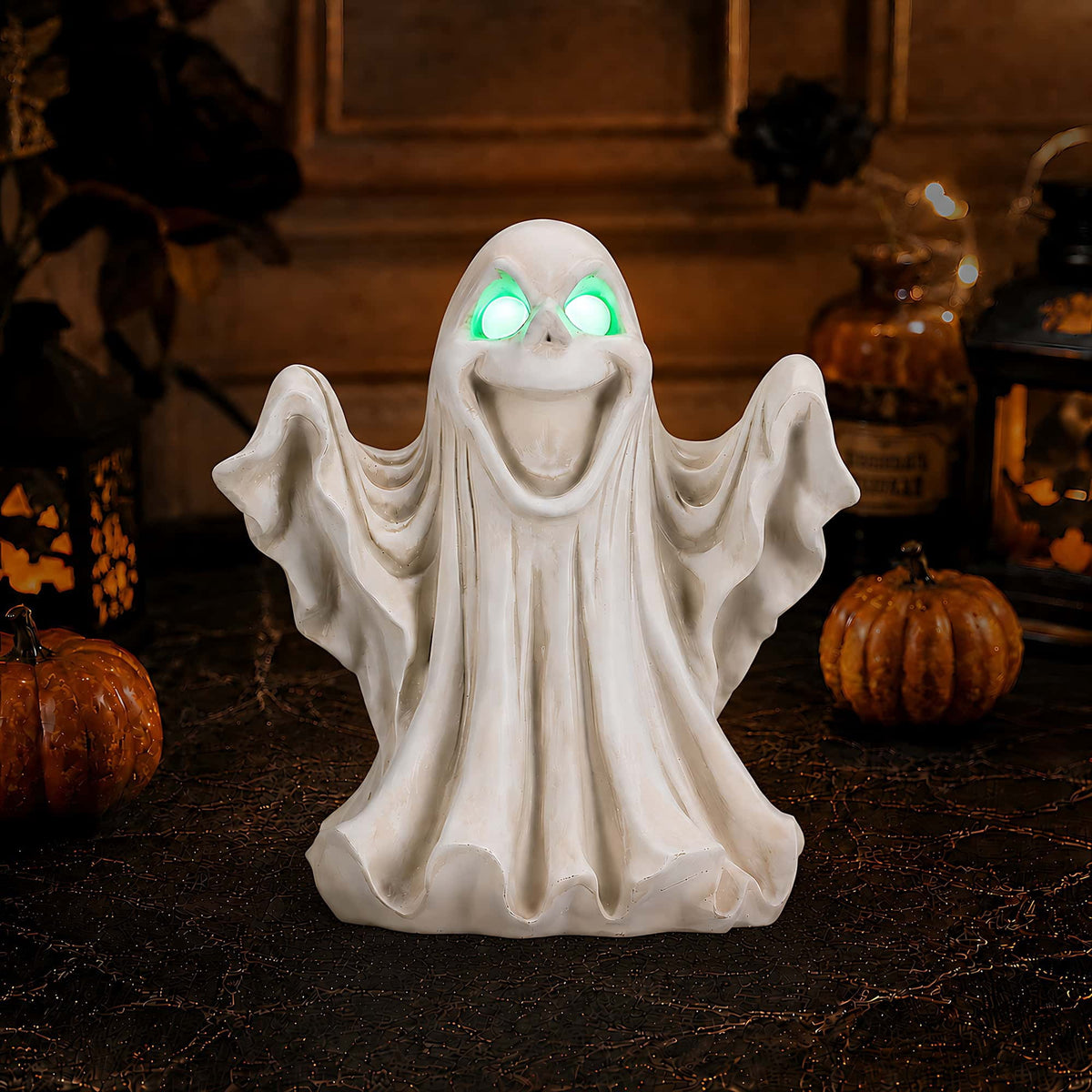 Halloween Ghost Statue with LED Glowing Eyes, Resin Ghost Figurine Tabletop Decor for Indoor Home, Mantel, Shelf, Entryway and Halloween Party Display