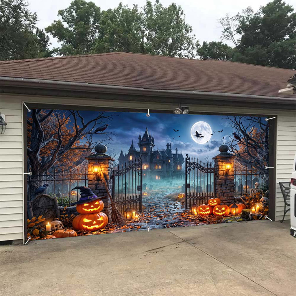 16X7ft Halloween Garage Door Cover Decorations, Spooky Skeletons Pumpkin Large Garage Wall Backdrop Hanging Banner for Halloween Yard Indoor Outdoor Party Decor