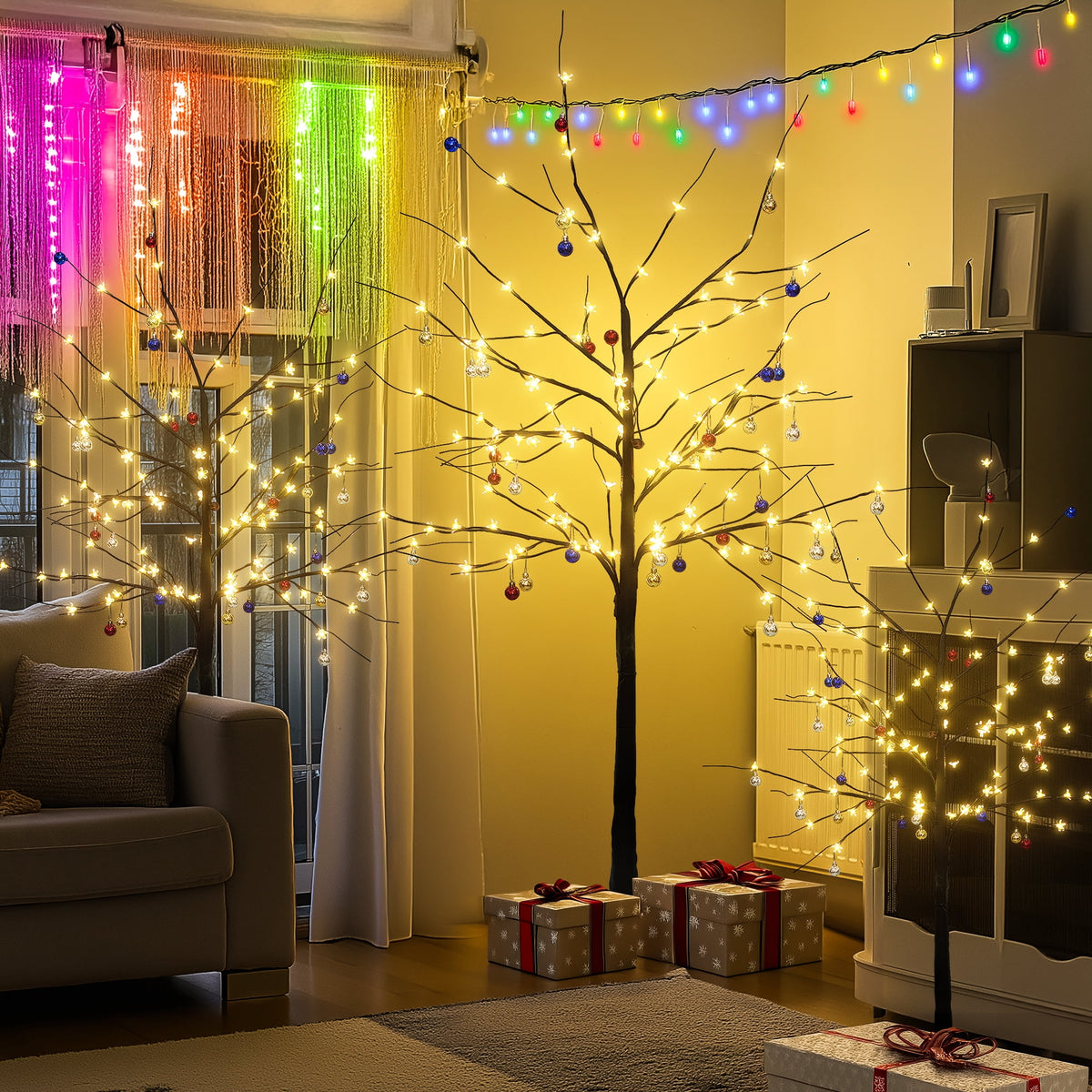 LinkRomat 3-Piece 4ft–6ft Pre-Lit Birch Christmas Tree Set with 200 LED Lights and 24 Ornaments, Christmas Decorations for Indoor Outdoor Home, Black