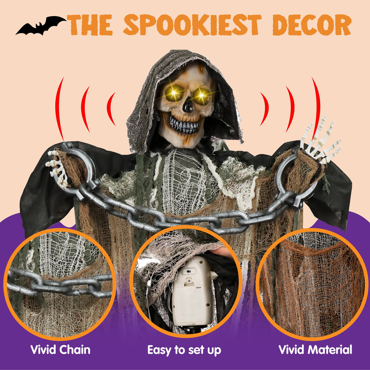 Joyfy 67"(5.6ft) Standing Grim Reaper with Chain, Large Halloween Decorations Outdoor, Life Size Animatronics Skelton, Sound-Actived Party Decor with Creepy Sound & LED Eyes, Scary Haunted House Prop