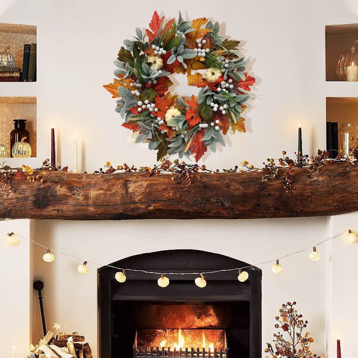 Fall Wreath - Halloween Decorative Autumn Garland with Pumpkin Accents, Handmade Style Seasonal Wall Decor, Vibrant Harvest Door Circle Ornament