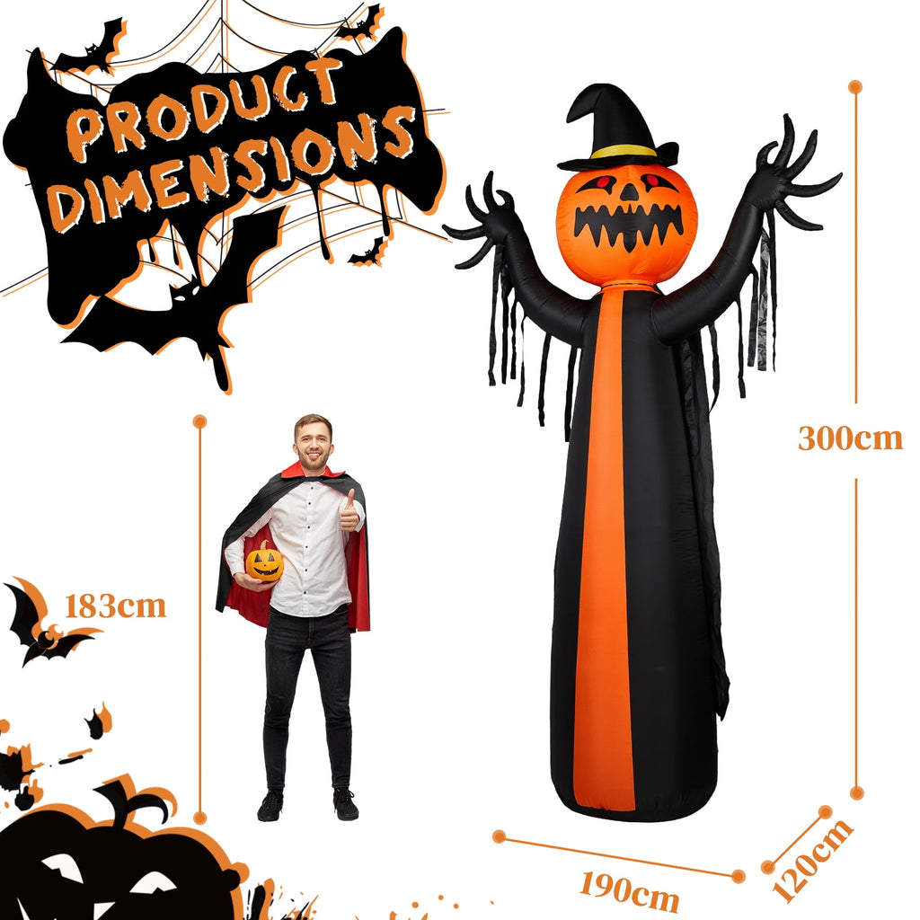 10ft Halloween Inflatable Pumpkin Ghost with Rotatable Head and 6 LED Lights