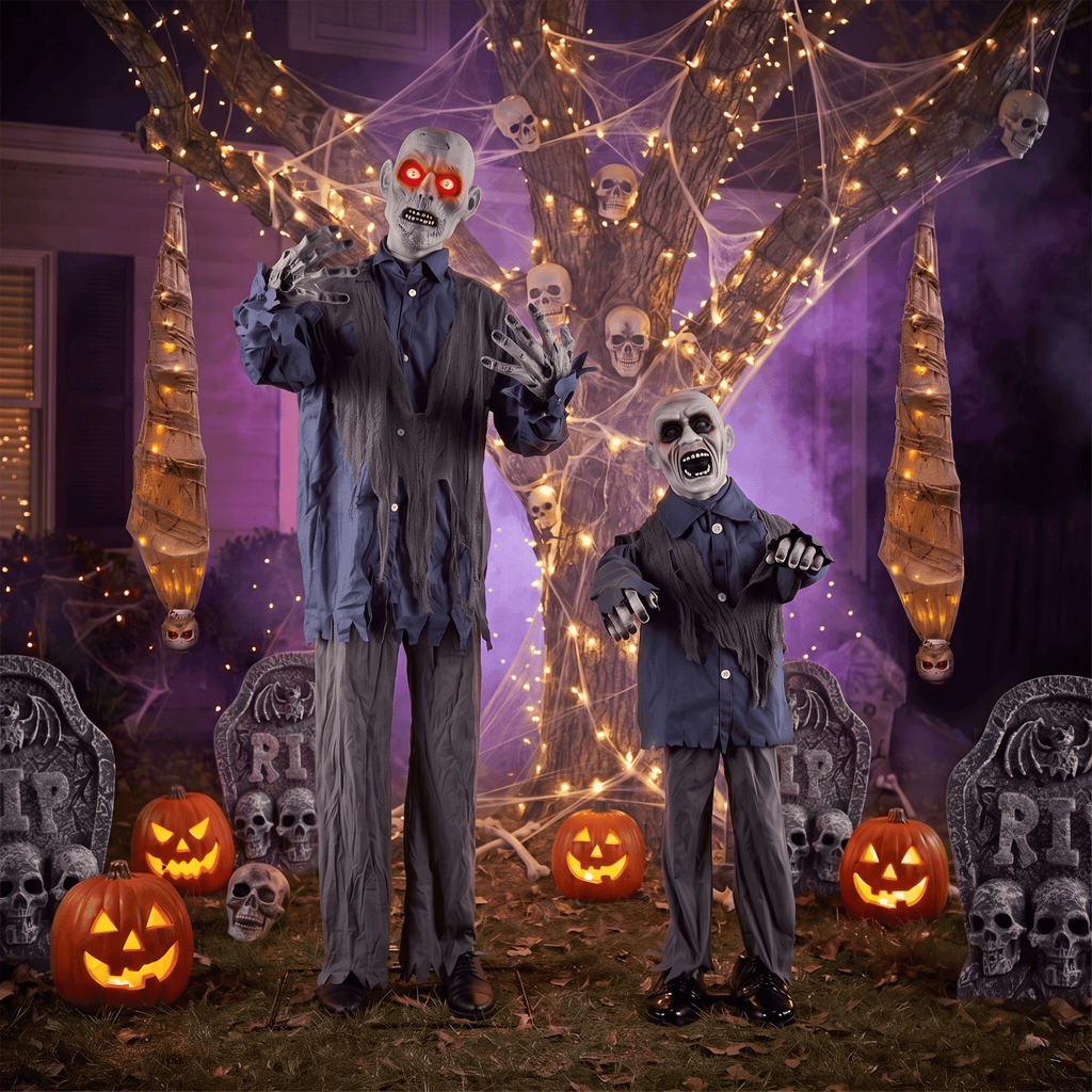 76-Inch Animated Standing Zombie Halloween Decoration with Red Glowing Eyes, Swaying Motion, Spooky Sounds and Metal Stand