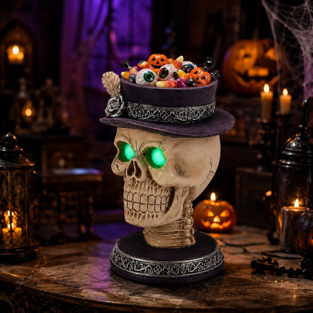 Halloween Ghost Statue with LED Glowing Eyes, Resin Ghost Figurine Tabletop Decor for Indoor Home, Mantel, Shelf, Entryway and Halloween Party Display