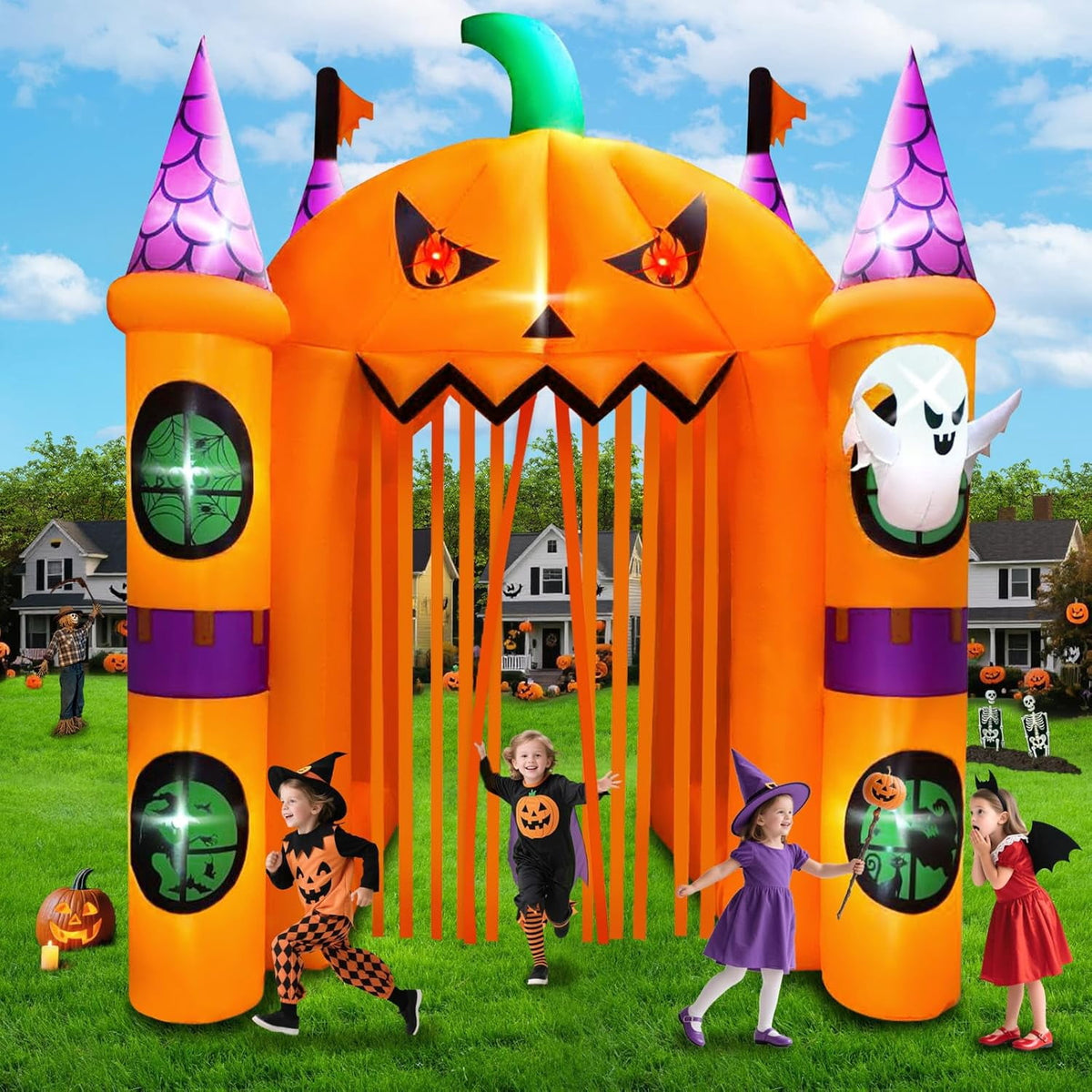 Kalolary 12FT Halloween Inflatables Archway Pumpkin Haunted House, Giant Pumpkin Ghost Arch Inflatable with Built-in Lights Blow Up Halloween Outdoor Yard Decoration for Garden Lawn Outdoor Decors