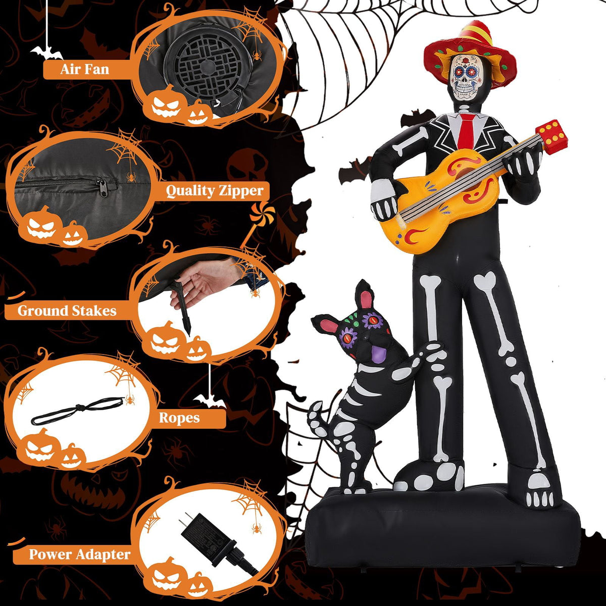 7.3FT Inflatable Ghost Musician with Puppet 6 LED Lights Black Orange Halloween Yard Decor
