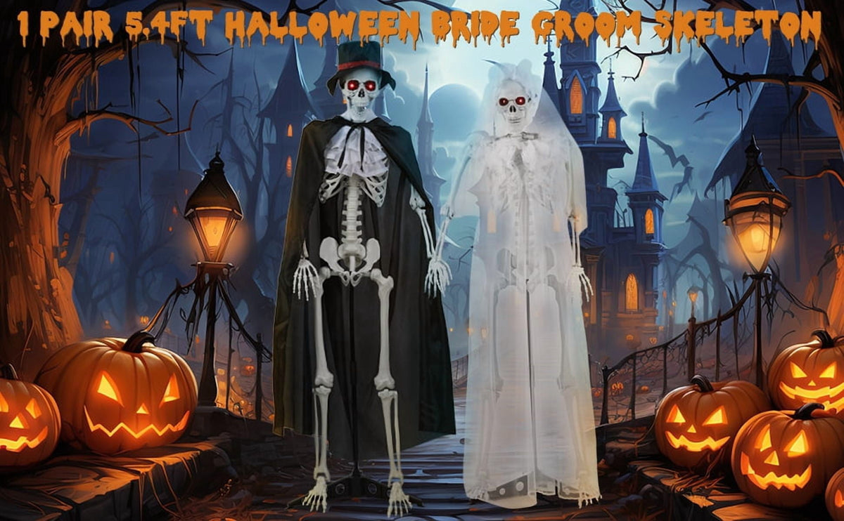 1 Pair 65" Halloween Skeleton, Life Size Full Body Bones Posable Skeleton, Halloween Bride Groom Skeleton, Simulated Skeleton with Movable Joints, Halloween Decoration-1 Pair