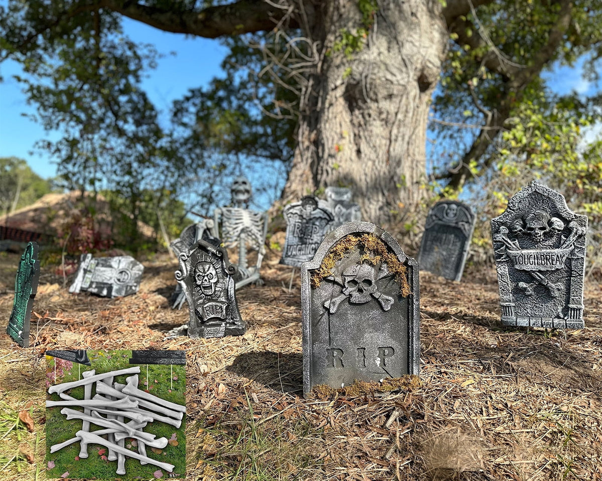 10 Pack Halloween Foam RIP Graveyard Tombstones with 35P Skeleton Bones for Halloween Party Outdoor Decorations
