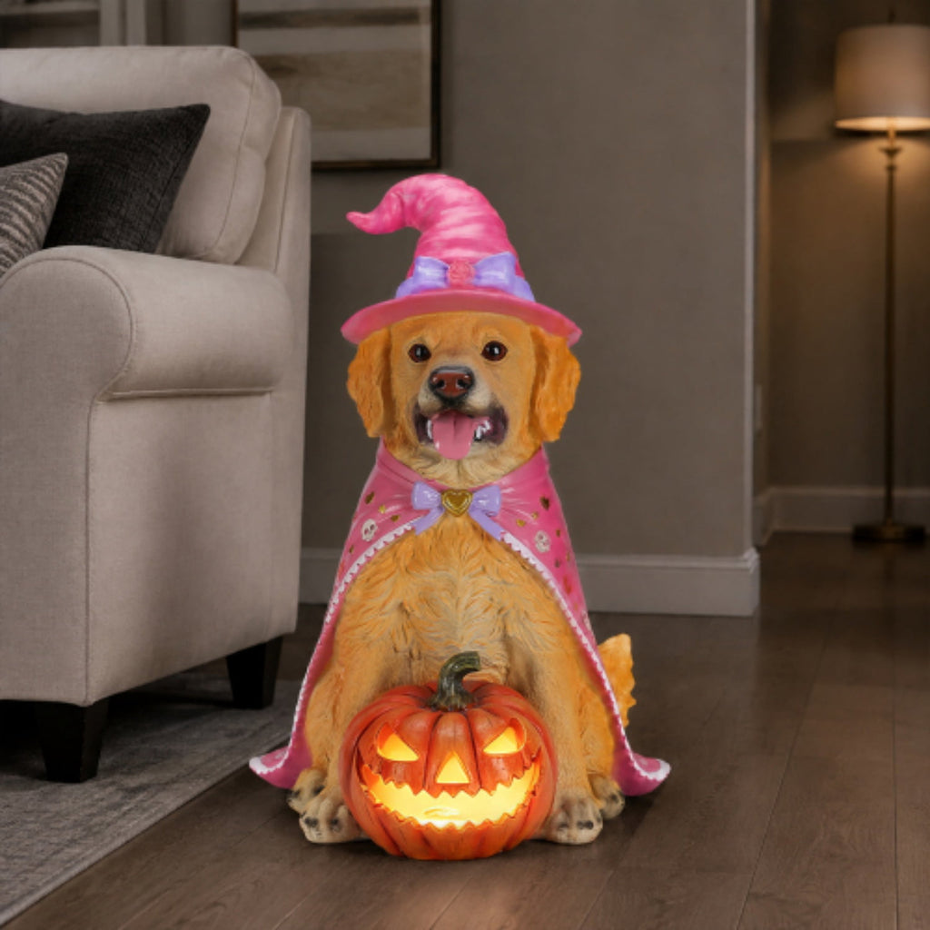 SpookHaven Halloween Jack‑O‑Lantern Pumpkin Mist Sprayer Figurine, LED Light‑Up Fogger with Witch Hat & Skull Decoration, Spooky Ornament for Tabletop Entryway Halloween Party Home Decor