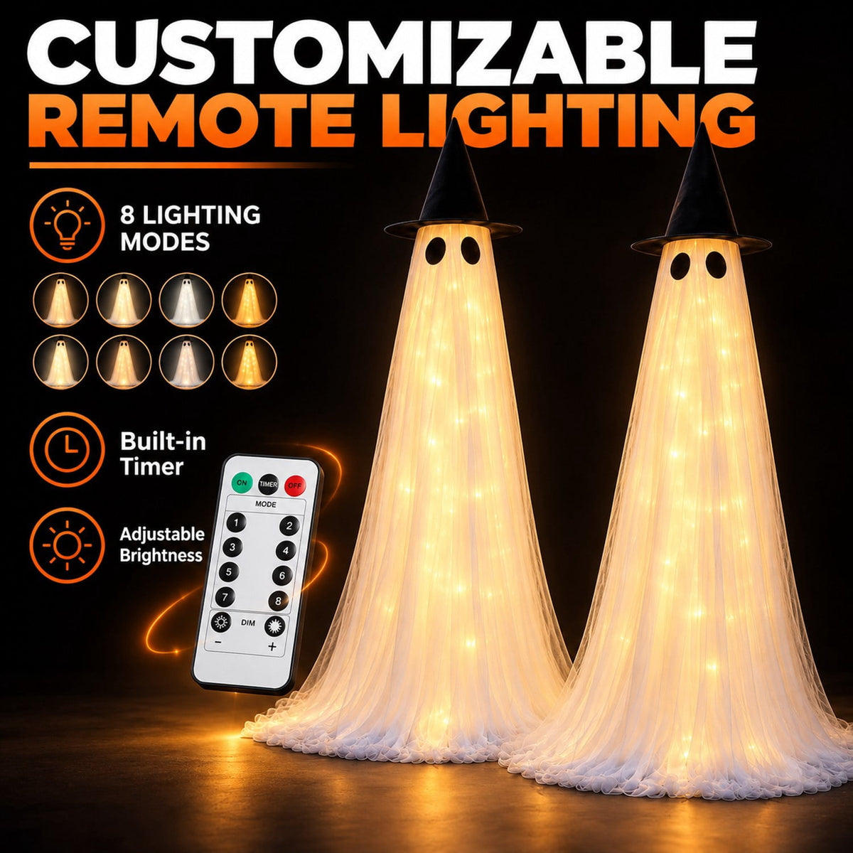 Light Up Halloween Ghost Decor 8 Modes Dual Power 5ft 2 Pack