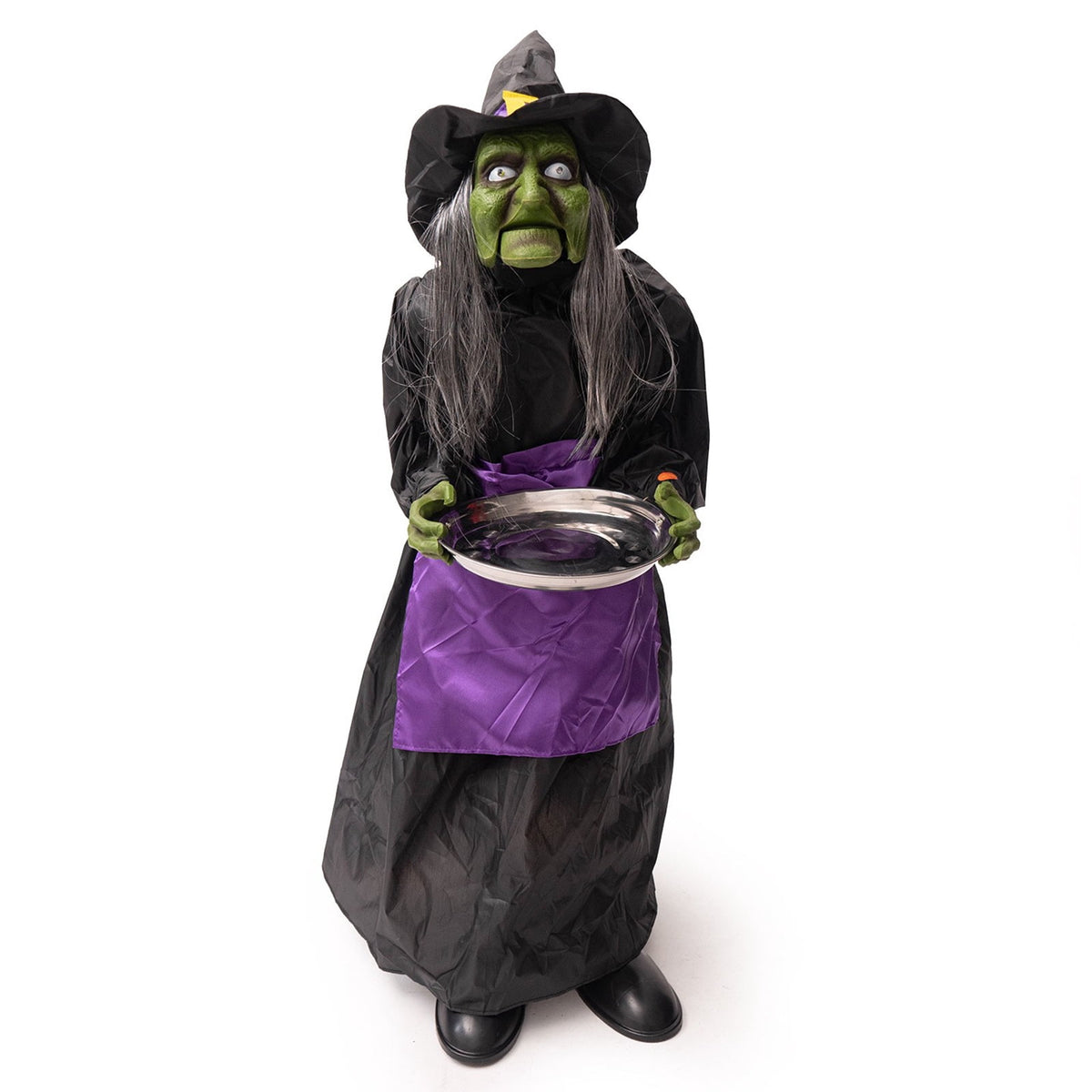 39.37" Animated Halloween Witch Candy Holder, Halloween Decorations, Life-Size Witch with Light-Up Eyes, Moving Jaw & Sound for Yard & Porch Decor