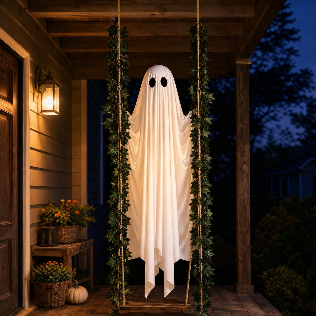 Outdoor Halloween Decorations Gaslight Ghoul, 79" Tall Hanging Skeleton Holding Street Light with Creepy Blue Eyes, Tattered Robe Ghost Decor for Yard Patio Walkway, Front Porch, Road