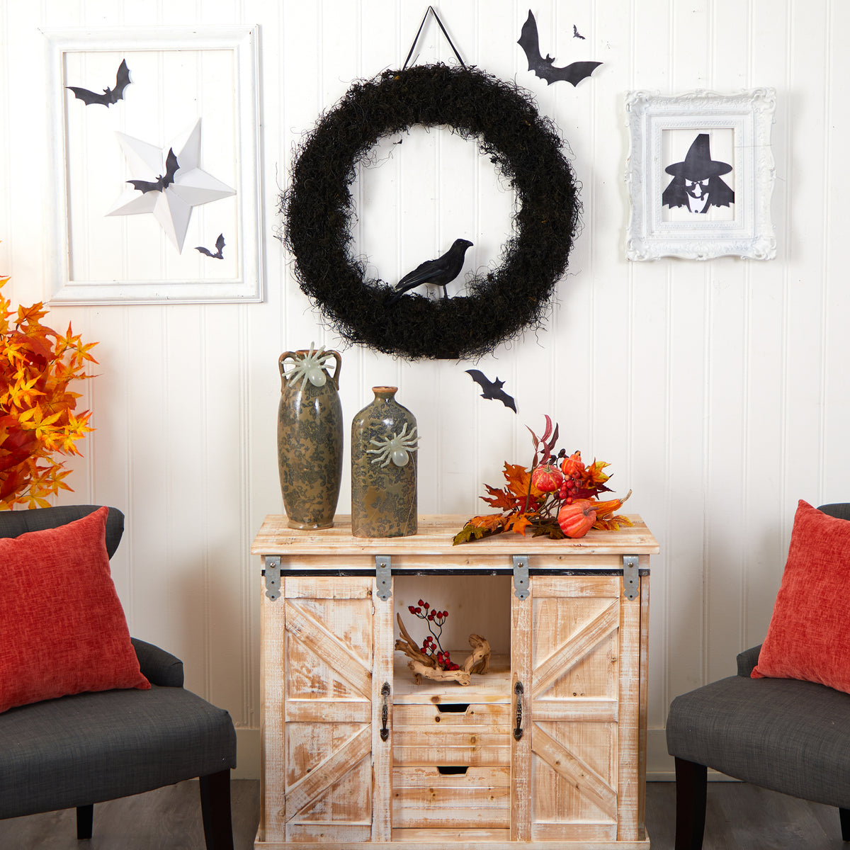 Nearly Natural 30in. Halloween Black Raven Twig Wreath