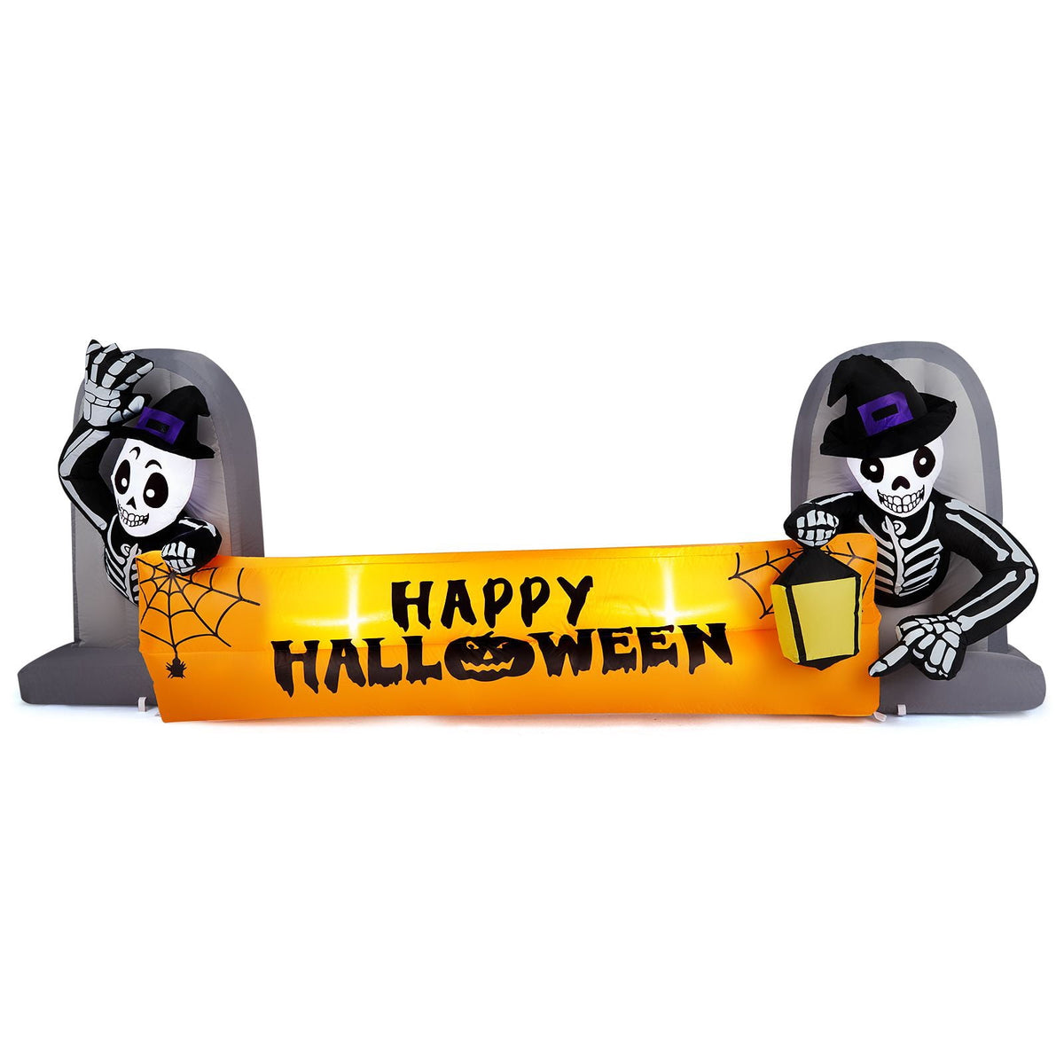9.6FT Inflatable Skeleton Holding Happy Halloween Banner with LED Lights for Yard Garden Party