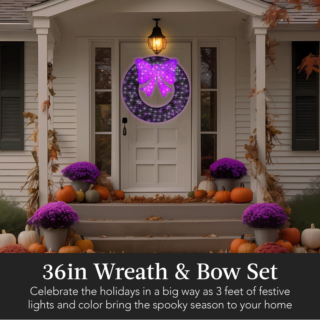 Best Choice Products 36in Pre-Lit Outdoor Halloween Wreath, LED Metal Holiday Decor w/ 120 Lights, Bow - Purple/Black
