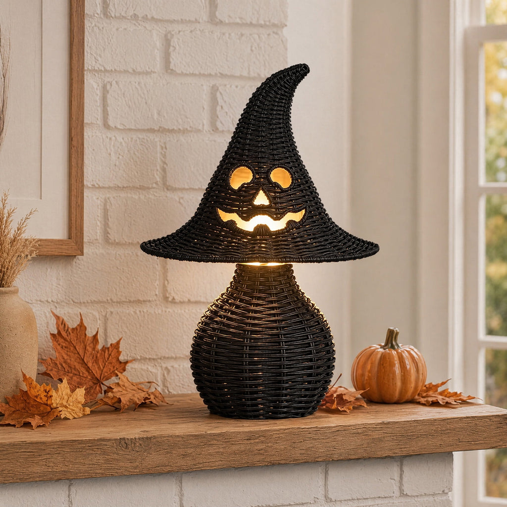 Lighted Halloween Table Centerpiece, Witch Hat Pumpkin Lamp, Black Woven Rattan Halloween Decor Indoor, Glowing Tabletop Decoration for Party Home