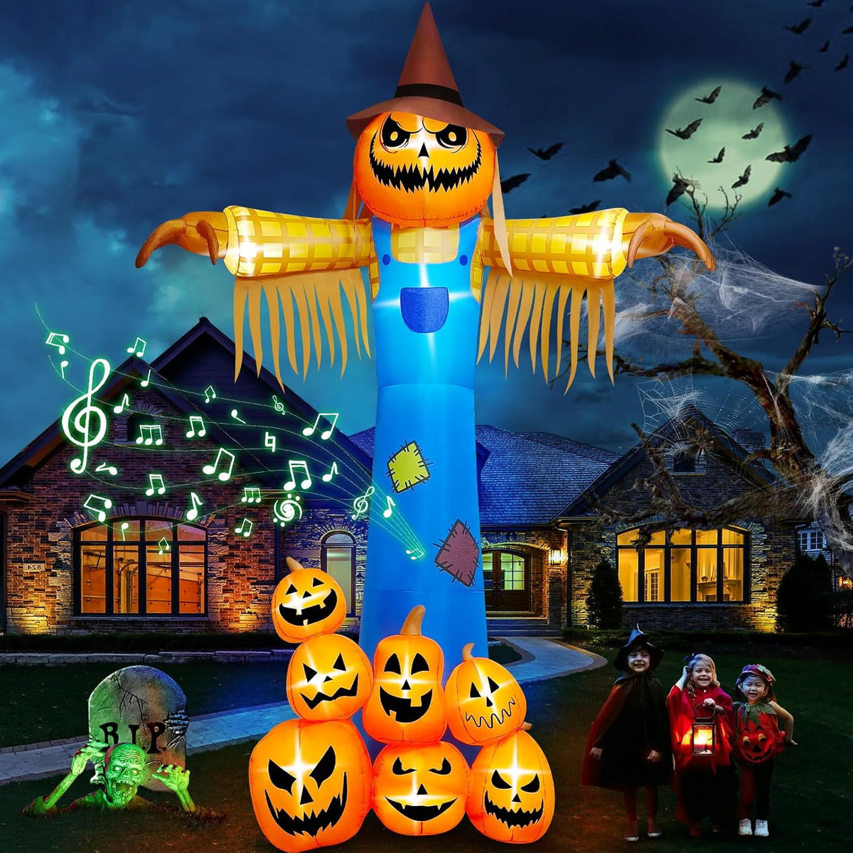 12.5 FT Halloween Inflatables with Music, Kalolary Giant Pumpkin Scarecrow Inflatable with LED Light Blow Up Yard Decor with Scary Sound for Outdoor Garden Lawn Holiday Party Supplies